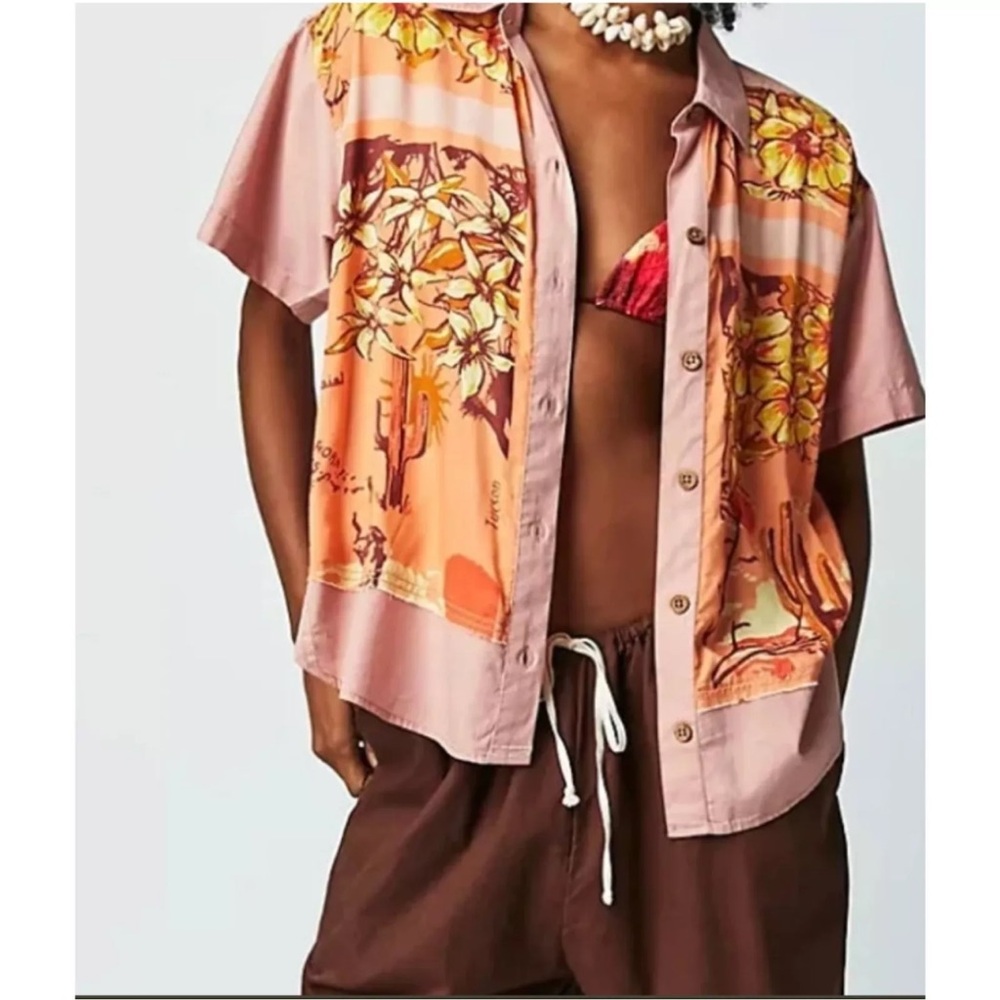 NWT We The Free Pink Orange Floral Button-Down Shirt